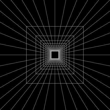 Square portal white wireframe in perspective on black background. Room, hallway, studio or box grid structure. Metaverse, virtual reality space. Engineering or technical schemeのイラスト素材