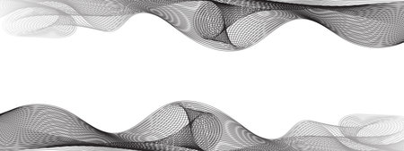Abstract black wave lines on white background. Curved stripes. Sea, smoke, flowing water, music sound texture. Banner with optical illusion design and copy spaceのイラスト素材