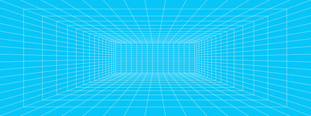 Rectangle room white wireframe in perspective on blue background. Hallway, studio, portal or box grid structure. Engineering, architecting or technical isometric schemeのイラスト素材