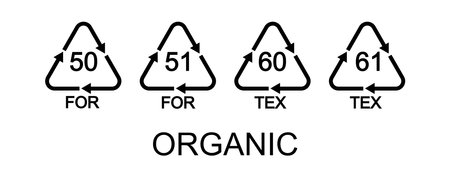 Biomatter or organic material recycling signs. 50 FOR, 51 FOR, 60 TEX, 61 TEX in triangular shape with arrows reusable icon isolated on white backgroundのイラスト素材