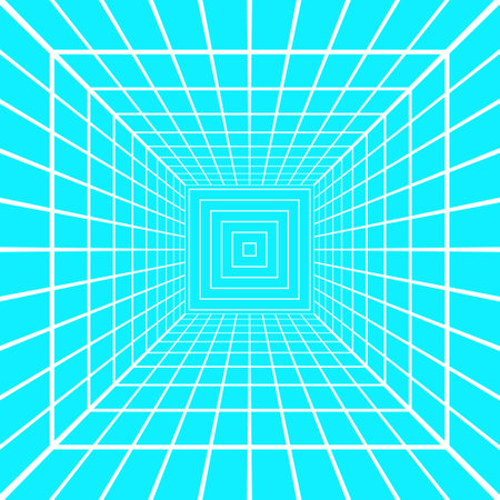 White square room wireframe in perspective on blue background. Hallway, studio, portal or box grid structure. Engineering, architecting or technical isometric schemeのイラスト素材