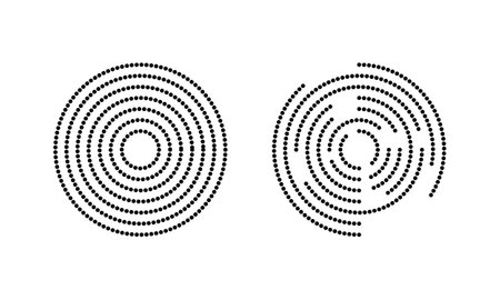 Circular ripple icons. Concentric circles with whole and interrupted polka dot lines isolated on white background. Vortex, sonar and sound wave, sunburst, signal signsのイラスト素材