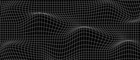 Distorted white grid on black background. Waved mesh texture. Fish net with curvatured effect. Checkered pattern deformation. Bented lattice surfaceのイラスト素材