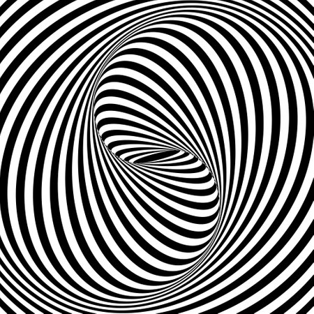 Spiral optical illusion. Black and white vortex lines. Striped twisty pattern with dynamic kaleidoscope effect. Vector graphic illustrationのイラスト素材