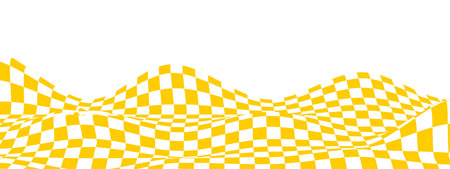 Waved checkered pattern background. Warped texture with orange and white squares. Undulate chessboard, textile plaid, tile floor surfaceのイラスト素材