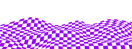 Warped texture with purple and white squares. Undulate chessboard, chequered flag, textile plaid, tile floor surface. Waved checkered pattern backgroundのイラスト素材