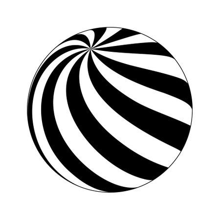 Spherical shape with twisted black and white stripes. 3D sphere model. Modern ball isolated on white background. Globe figure in perspectiveのイラスト素材