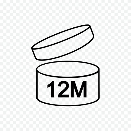12m PAO icon. 12 months period after opening sign. Thin line jar with open lid and numbers. Product freshness time. Cosmetic, shampoo, makeup validity labelのイラスト素材