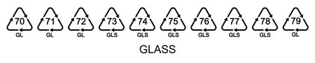 Glass reusable icons pack. Recycling codes in triangular shapes with chasing arrows isolated on white background. Environmental protection conceptのイラスト素材