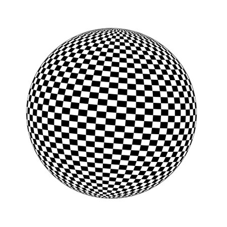 Checkered 3D sphere figure. Ball design with black and white squares. Globe icon. Spherical shape with chequered pattern isolated on white backgroundのイラスト素材