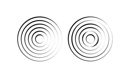 Circular ripples. Concentric circles with broken polka dot lines. Vortex, radio or sonar wave, soundwave, sunburst, signal icons isolated on white backgroundのイラスト素材
