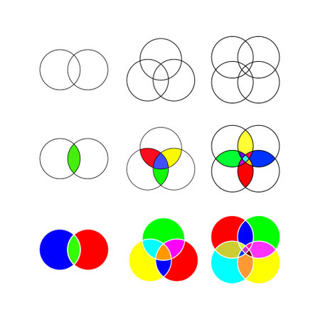 Set of Venn diagrams with overlapped circles isolated on white background. Templates of analytics schema, presentation of logical relationships between itemsのイラスト素材