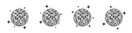 Set of mirror discoballs with glares. Shining nightclub spheres. Dance music party glitterballs. Vintage mirrorballs in 70s 80s 90s discotheque style. Nigh club symbolsのイラスト素材