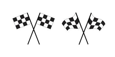 Crossed race flags icons. Start and finish sport car competition banners with checkered black and white squares pattern. Motocross, rally, auto marathon championship signsのイラスト素材
