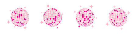Set of pink discoballs. Night music party mirrorballs in 70s 80s 90s discotheque style. Shining nightclub globes with glitters. Nightlife, holiday or celebration symbols. Vector flat illustrationのイラスト素材
