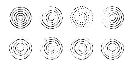 Concentric circles with broken dotted lines isolated on white background. Circular ripple icons. Whirlpool, sonar wave, soundwave, sunburst, signal signs. Vector graphic illustrationのイラスト素材