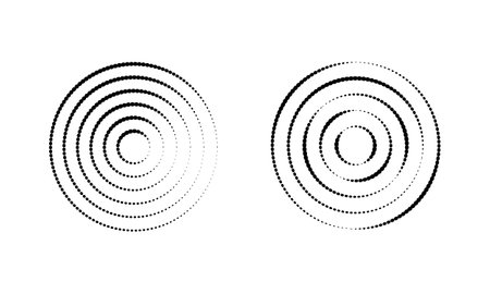 Circular ripple icons. Concentric circles with dotted lines isolated on white background. Vortex, tornado, sonar wave, shockwave, radio or radar signal signs. Vector graphic illustrationのイラスト素材