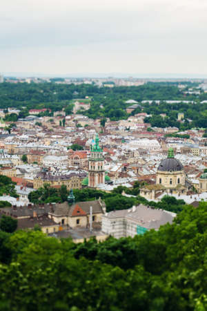 View over the rooftops of the old town of the city. Town Hall. Lviv. Ukraine
