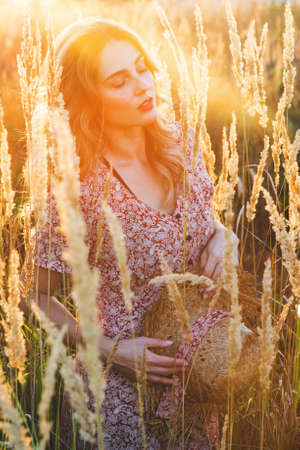 Beautiful woman in field at summer sunsetの写真素材
