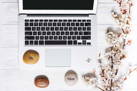 Flat lay, top view office table desk. Workplace with laptopの写真素材