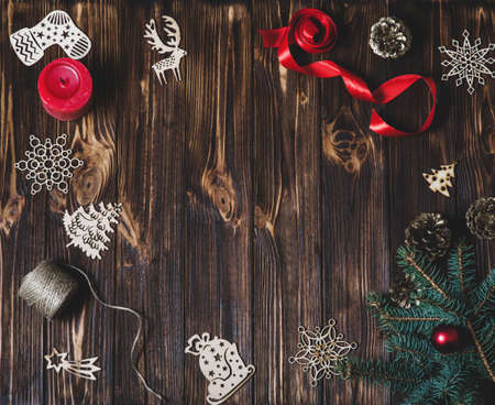 Christmas background on old wooden desk. Flat lay styleの写真素材