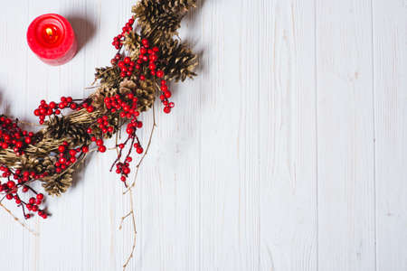 Christmas background on the white wooden desk. Flat lay styleの写真素材