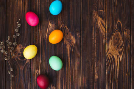 Easter eggs on a rustic wooden background.