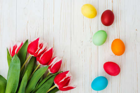 Easter eggs and pink tulips