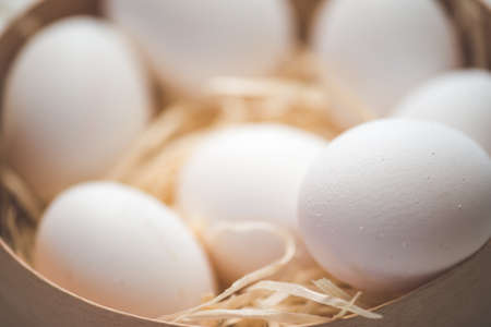 Close-up view of raw chicken eggs