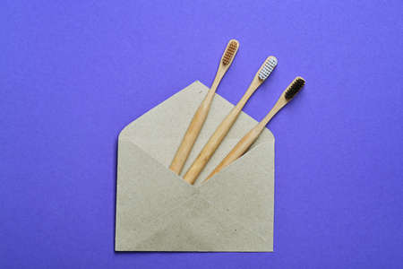 Eco natural bamboo toothbrushes in craft paper envelope