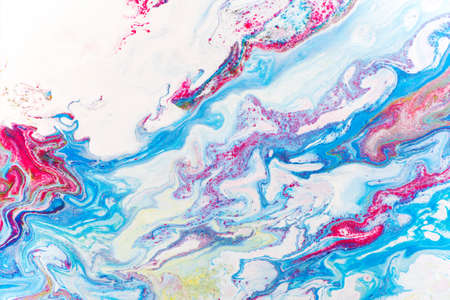 Fluid art painting abstract texture, blue, white, red and yellow. Color mix