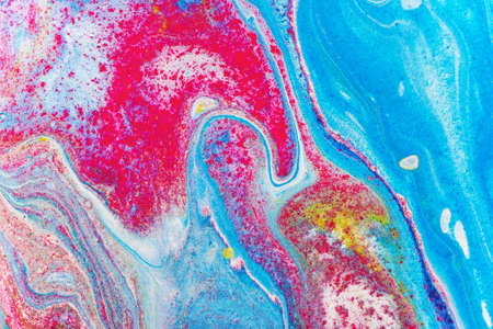 Fluid art painting abstract texture, blue, white, red and yellow. Color mix