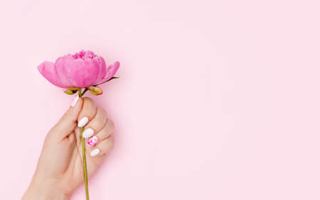 Woman hand with trendy nail art manicure holding peony flower on pink background