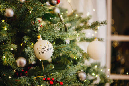 Close up view of decorated Christmas tree.