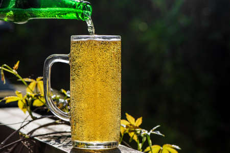 Pouring beer into glass from the bottle in summer terrace.の写真素材