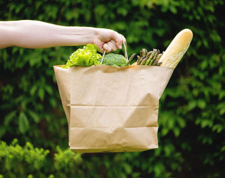 Hand holding paper bag with vegetables.の写真素材
