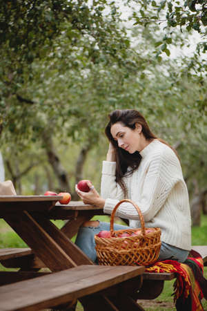 Beautiful woman sitting on the table in the apple garden with bucket full of red apples.の写真素材