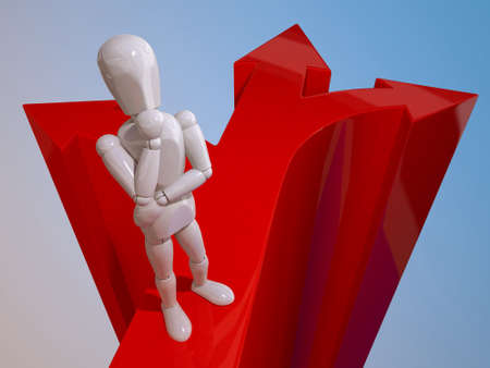 A puppet is sitting on a  red  arrowの写真素材