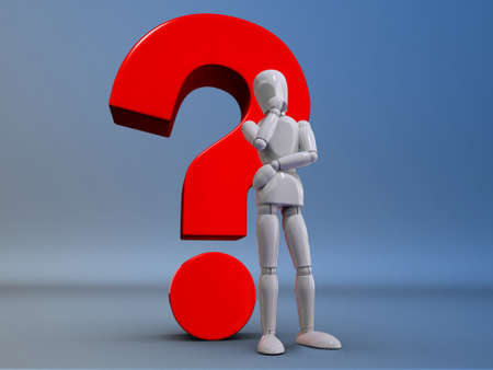 A puppet is thinking in front of a  question markの写真素材