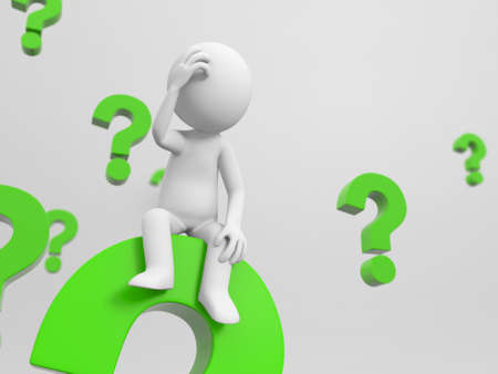 3d people is thinking in a pile of question marksの写真素材