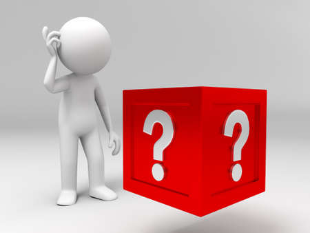 3d people standing in front of the question boxの写真素材