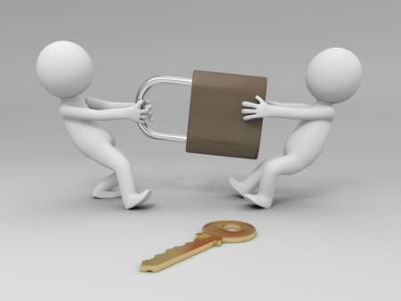 A 3d people are turning the key in the lockの写真素材