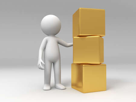 Box cube A people standing next to the boxes の写真素材