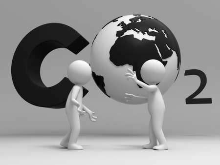 Co2 earth two people stand in front of the CO2 symbol talking