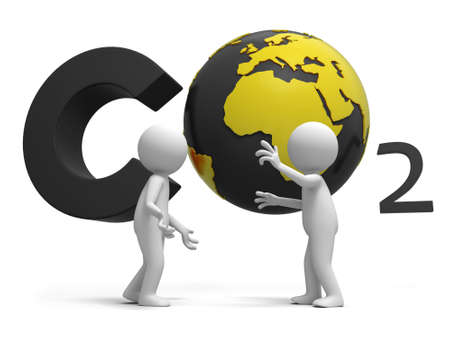 Co2 earth two people stand in front of the CO2 symbol talking