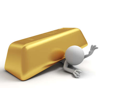 Gold money A people pinned down by a big gold brickの写真素材