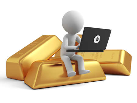 Gold money a people sitting on a gold brick with a computer