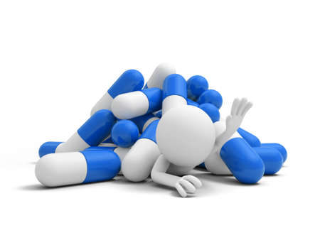 Capsule a man for help, pressed by a pile of capsulesの写真素材