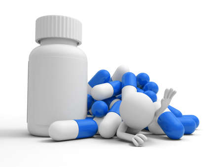 Capsule bottle  a man for help, pressed by a pile of capsulesの写真素材