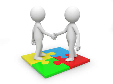 Two 3d people standing a puzzle, hands shaking